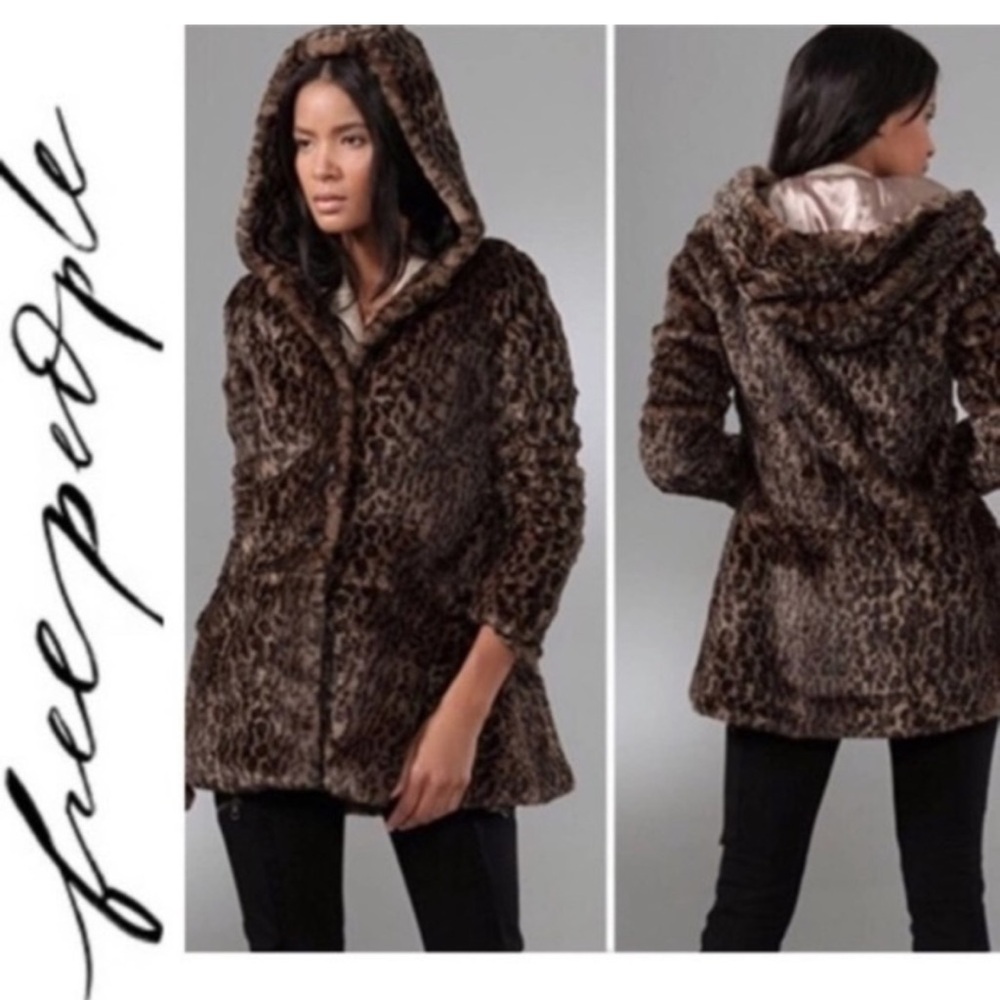 FREE PEOPLE faux fur leopard print hooded jacket coat, S. - Picture 4 of 12